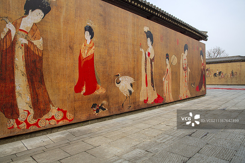 唐城景区唐文化春游仕女图壁画风景观图片素材