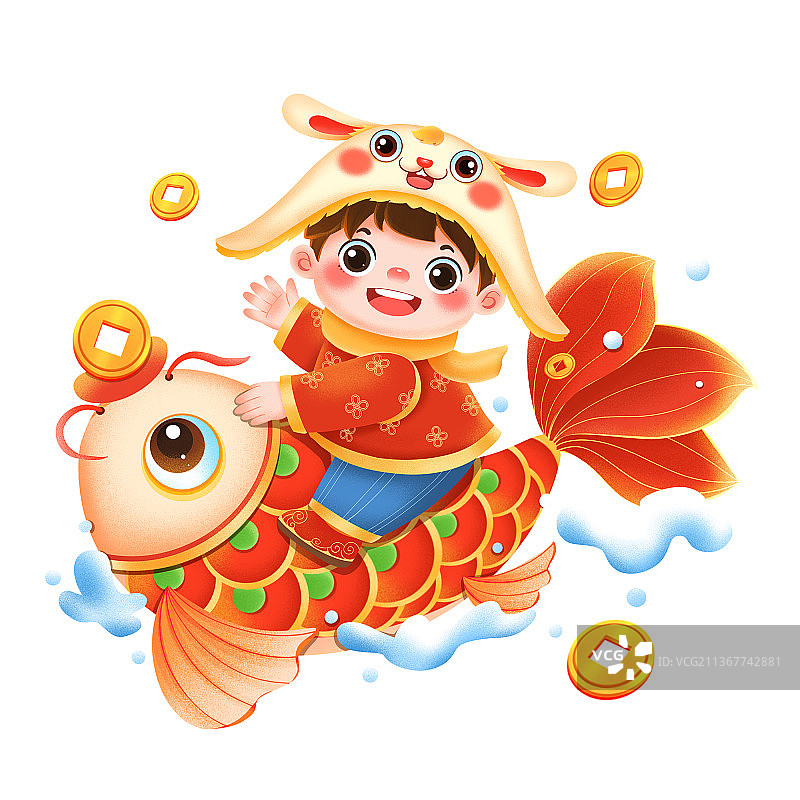 国潮喜庆新年春节骑锦鲤戴兔帽的福娃元素图片素材