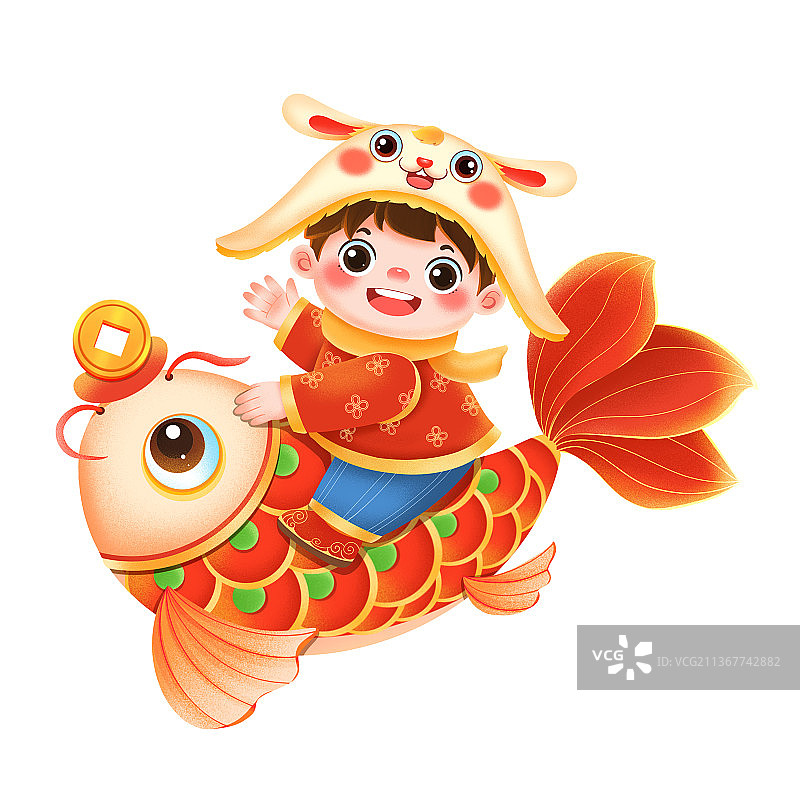 国潮喜庆新年春节骑锦鲤戴兔帽的福娃元素图片素材