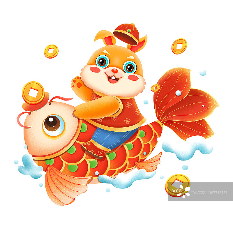 国潮喜庆新年春节骑锦鲤的兔子元素图片素材