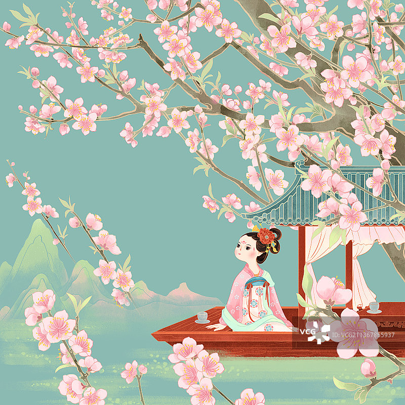春天三月桃花唐朝仕女游船国潮插画图片素材