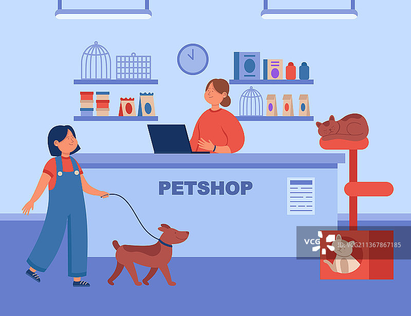 女孩牵着小狗走向女售货员图片素材