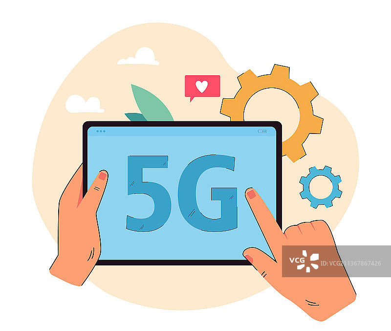 手持平板电脑，屏幕显示5G图片素材