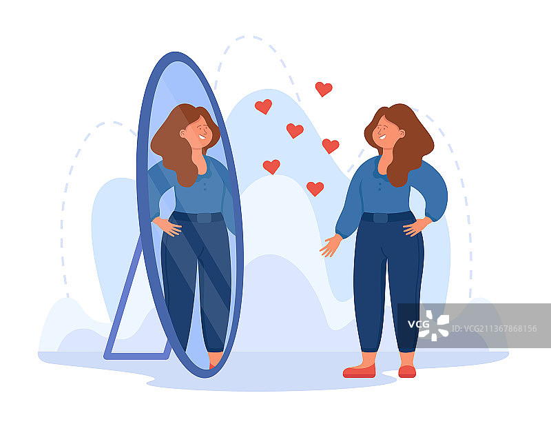 快乐微笑的女人欣赏美丽的倒影图片素材