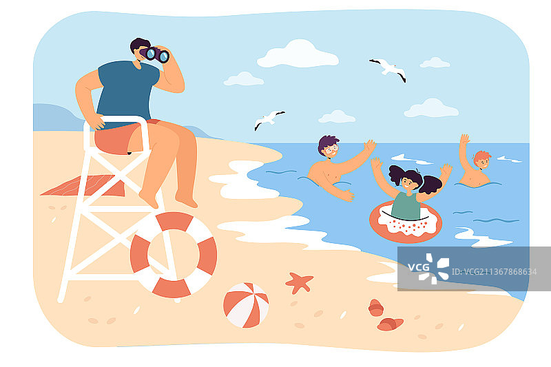 救生员在海滩上照看游泳的孩子图片素材