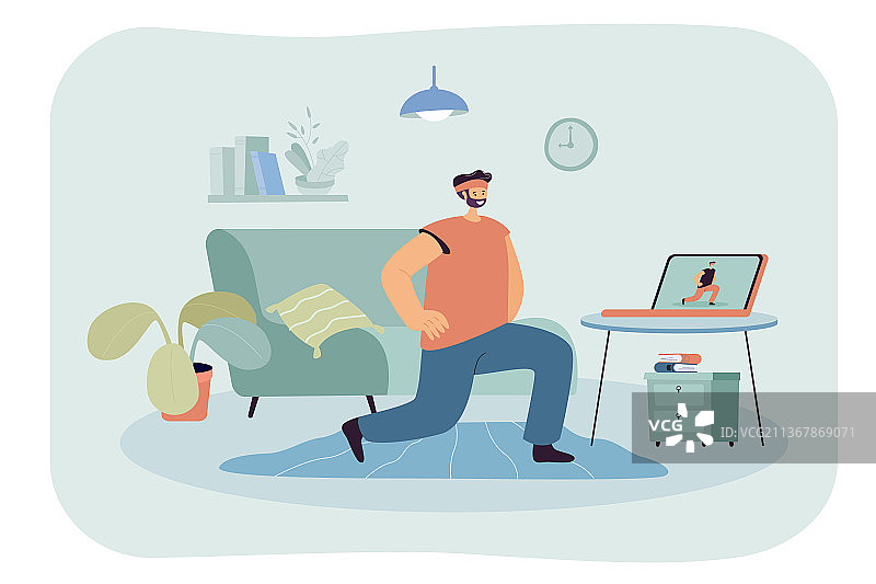 男人在家通过笔记本电脑在线进行运动图片素材