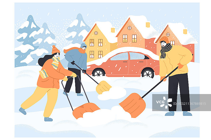 穿着季节性服装的人们清理被掩埋的道路图片素材