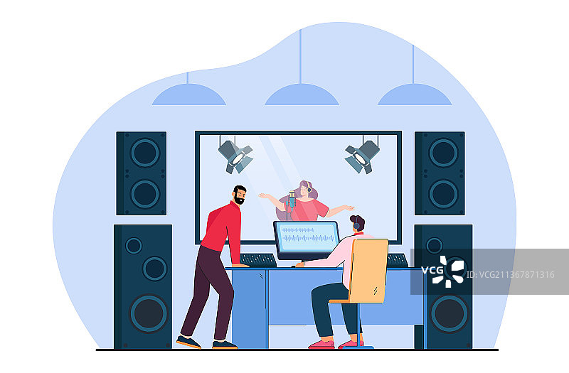 录音棚里录制歌曲的女人的录音师图片素材