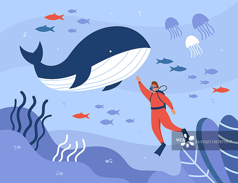 迷你卡通潜水员与鲸鱼图片素材