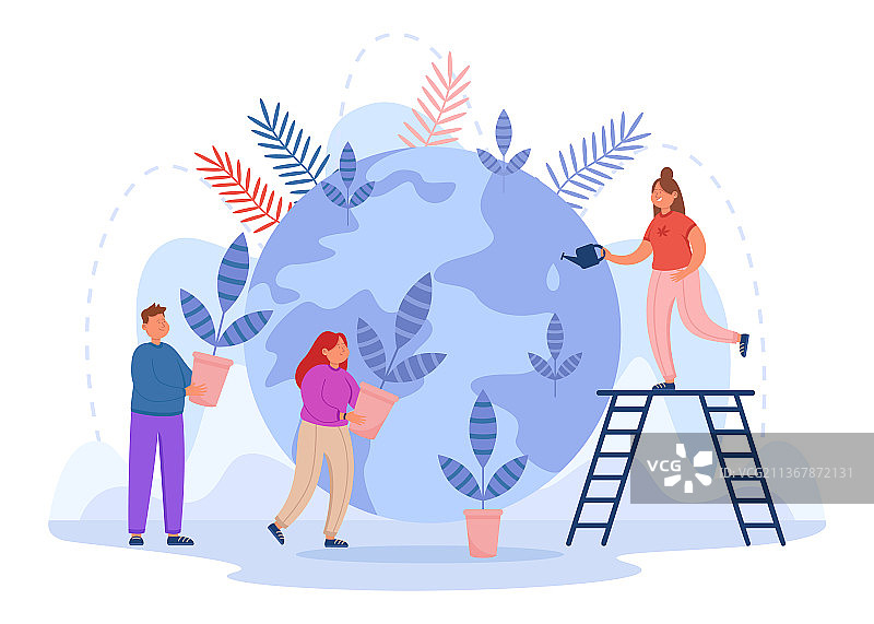 友好的迷你角色在地球上植树图片素材