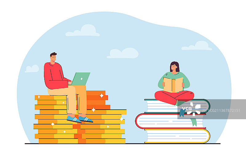 小女孩坐在书上看书，男孩在旁边图片素材