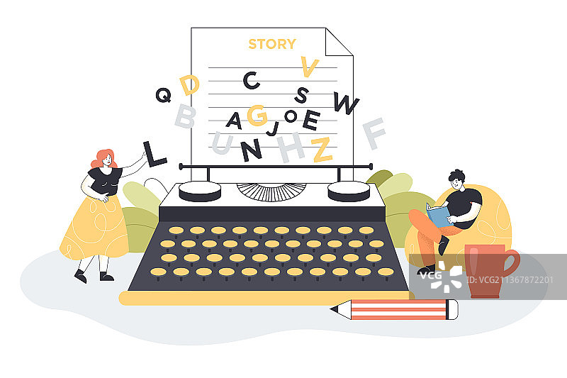 打字机旁的迷你男女角色图片素材