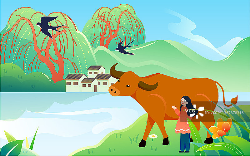 清明节人物放牛插画春天湖面绿色活动海报图片素材
