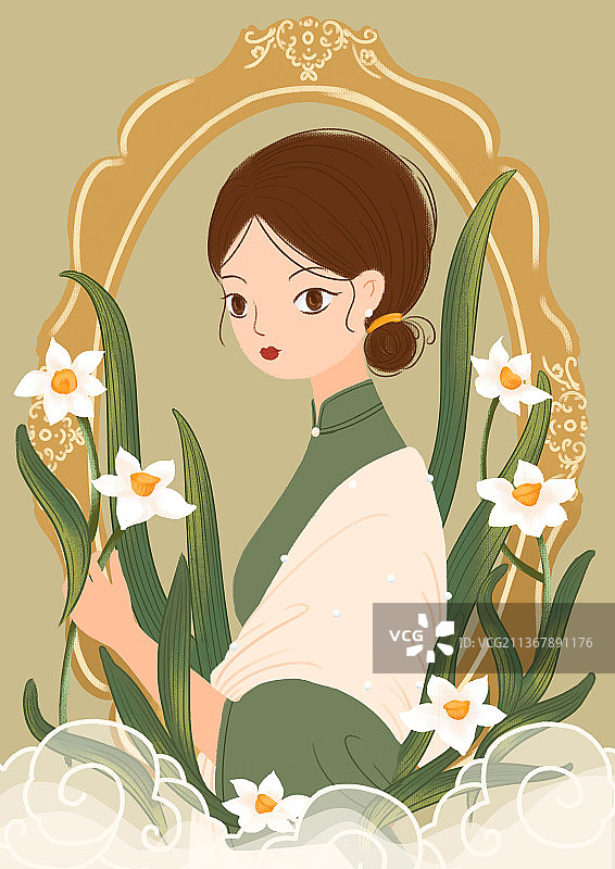 水仙花旗袍女人图片素材