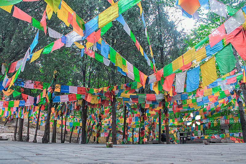 中国北京著名旅游景区龙泉寺，山林里密集的彩色经幡图片素材