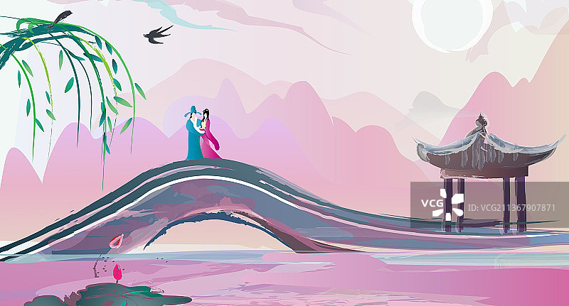 中国情人节情人西湖相约矢量插画图片素材