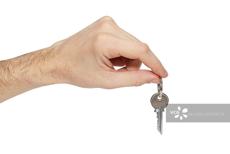 手中的钥匙，男子手持钥匙，白色背景图片素材
