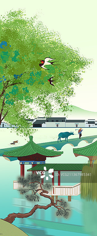 中国风新中式古风古典传统文化节气立春春分世外桃源山水画插画图片素材