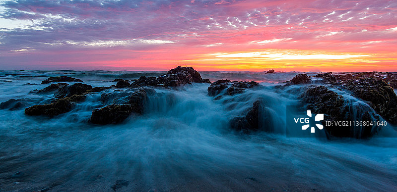 佩斯卡德罗州立海滩日落，日落时天空背景下的海景图片素材