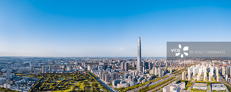 中国天津滨海新区周大福金融中心城市天际线航拍全景图片素材