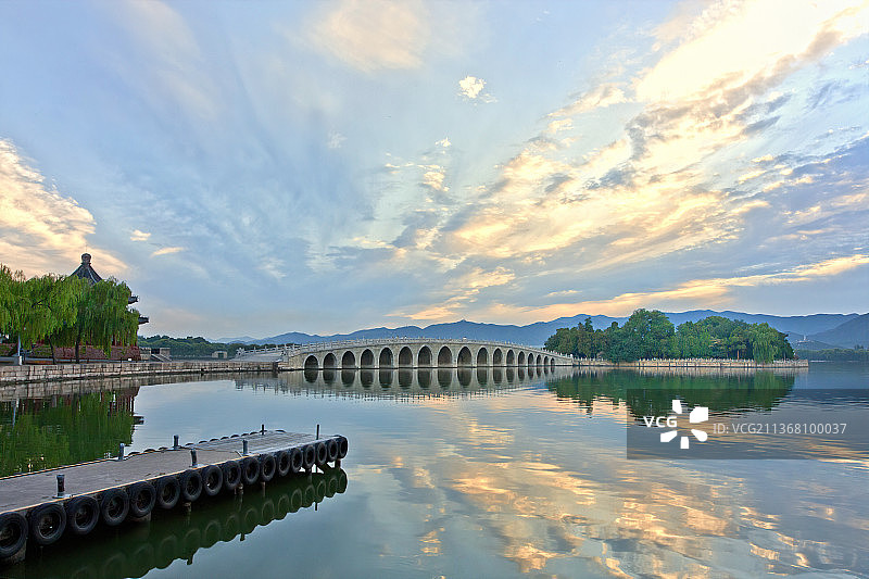 颐和园昆明湖上的廓如亭和十七孔桥与南湖岛图片素材
