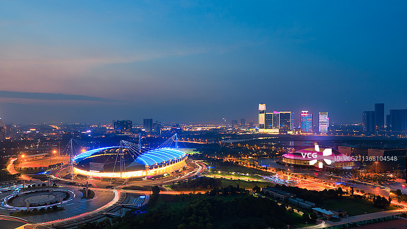 义乌CBD义乌梅湖体育中心夜景风光图片素材
