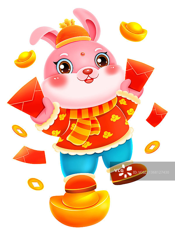 国潮可爱举红包的粉兔元素图片素材