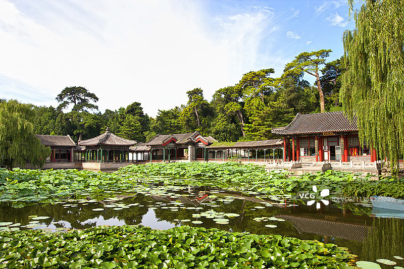 夏天颐和园谐趣园里的澄爽斋与知春堂引镜轩和长廊图片素材