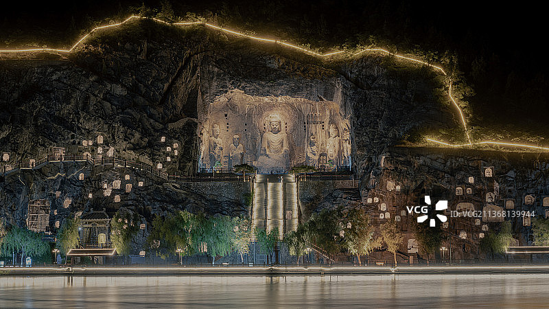 夜游龙门石窟，佛光普照图片素材
