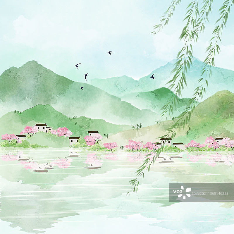 春天中国风山水水墨画图片素材