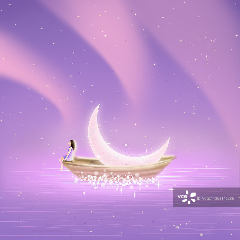 海面星空与船上的月亮图片素材