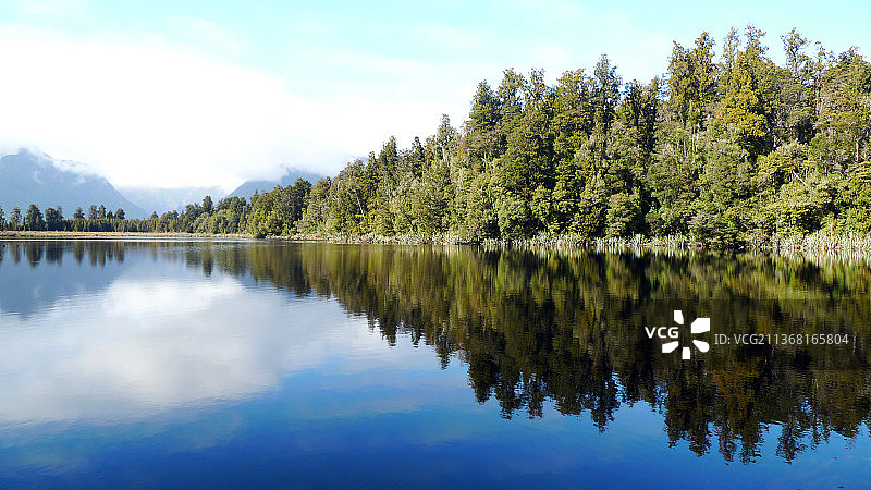 新西兰马瑟森湖的树木湖景图片素材