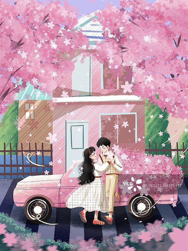 樱花树七夕情人节梦幻爱情插画图片素材