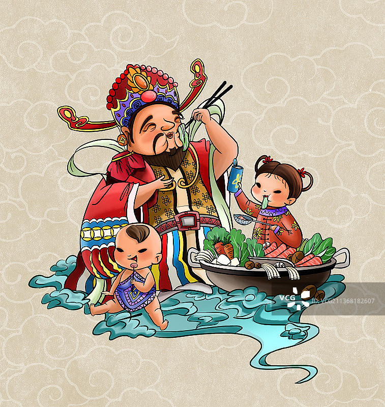 财神和金童玉女一起吃火锅图片素材