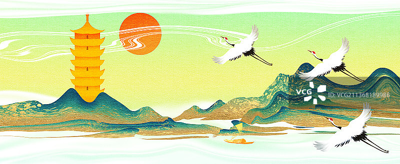 青绿山水佛塔河流白鹤飞翔风景插画图片素材