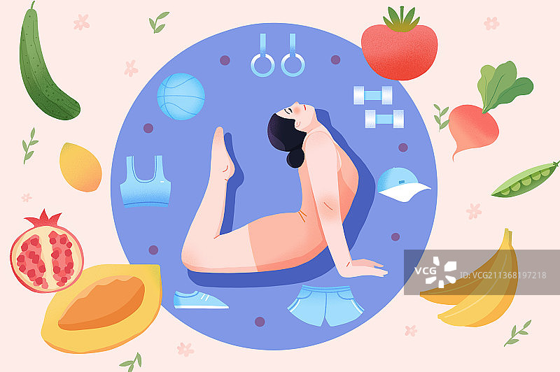 女性，瑜伽，蔬菜，水果，插画图片素材