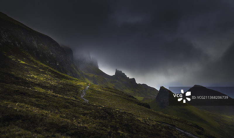 苏格兰高地夜景：山脉与天空下的独行者图片素材