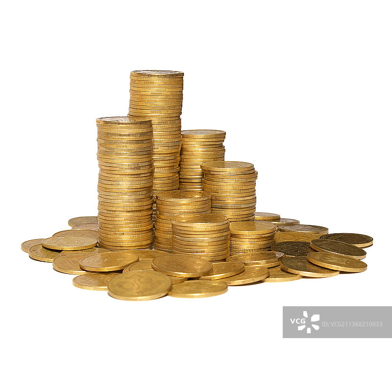 金币柱，白色背景下的金币特写图片素材