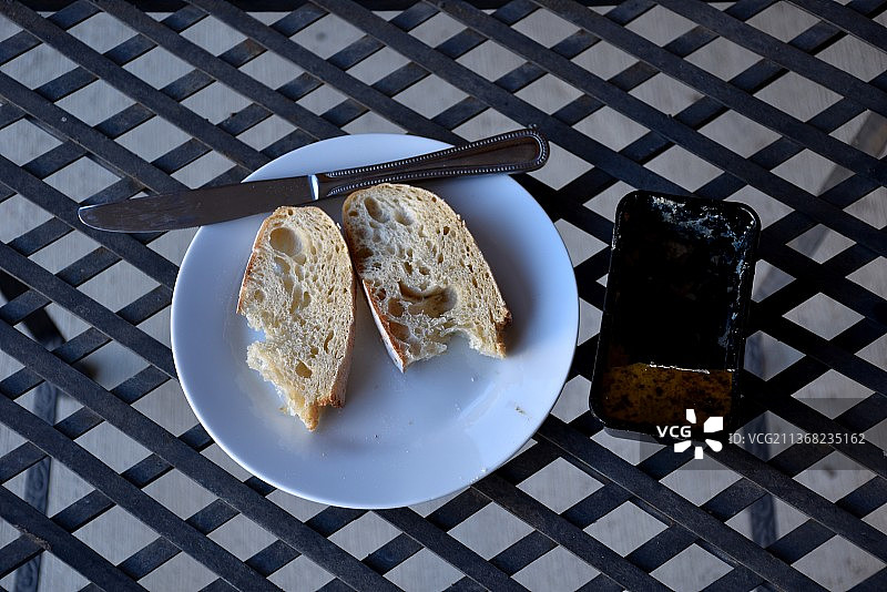 早餐、科罗拉多州丹佛市餐桌上的食物俯视图图片素材