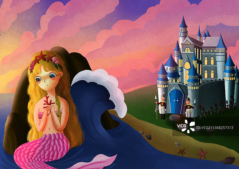 坐在礁石上思念着王子的人鱼公主图片素材
