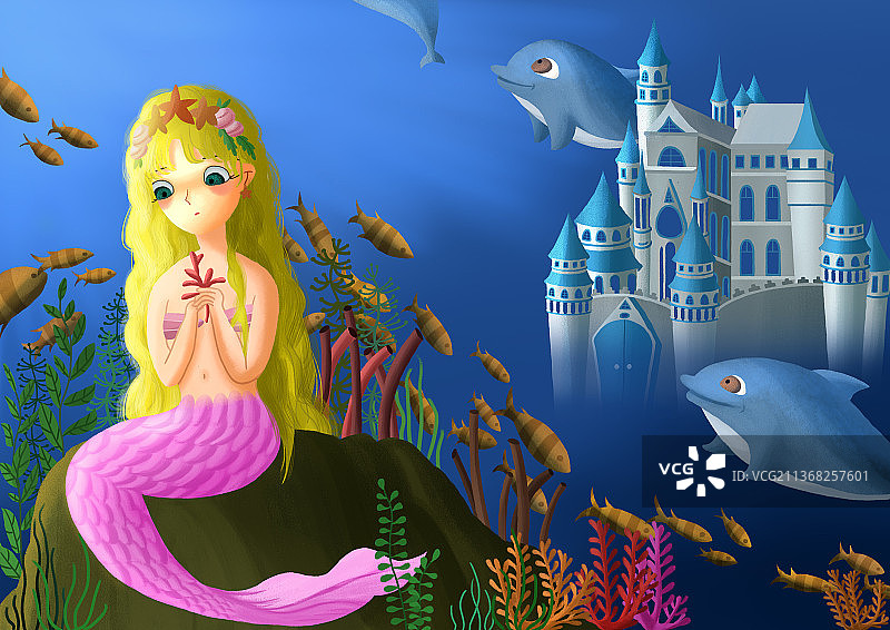 坐在礁石上思念着王子的人鱼公主图片素材