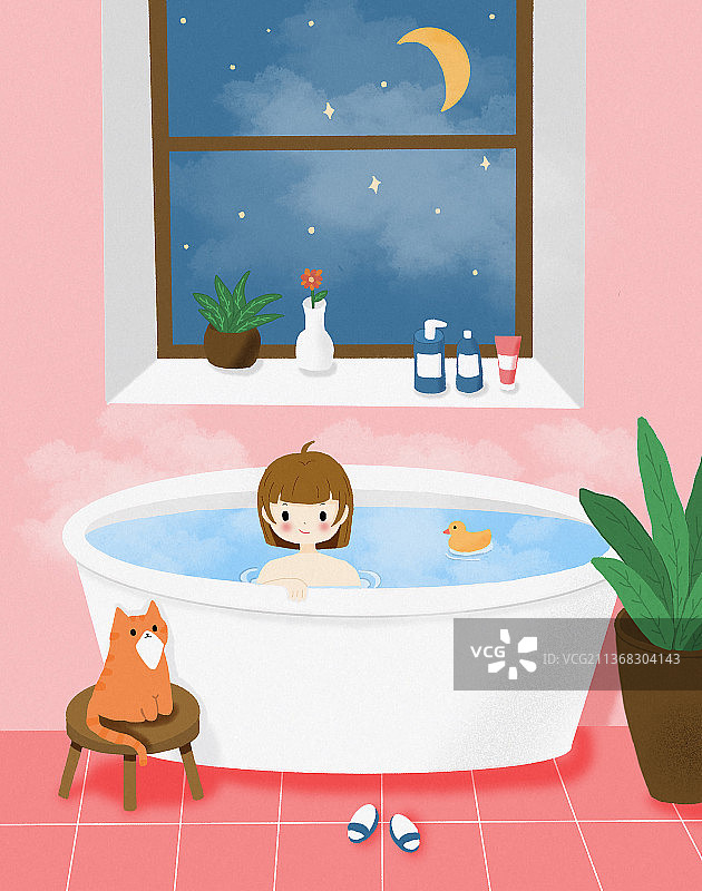 在家泡澡的女孩插画图片素材