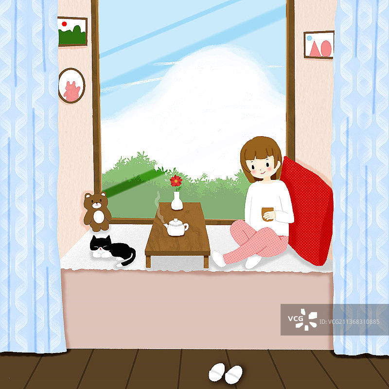 在飘窗喝茶的女孩图片素材