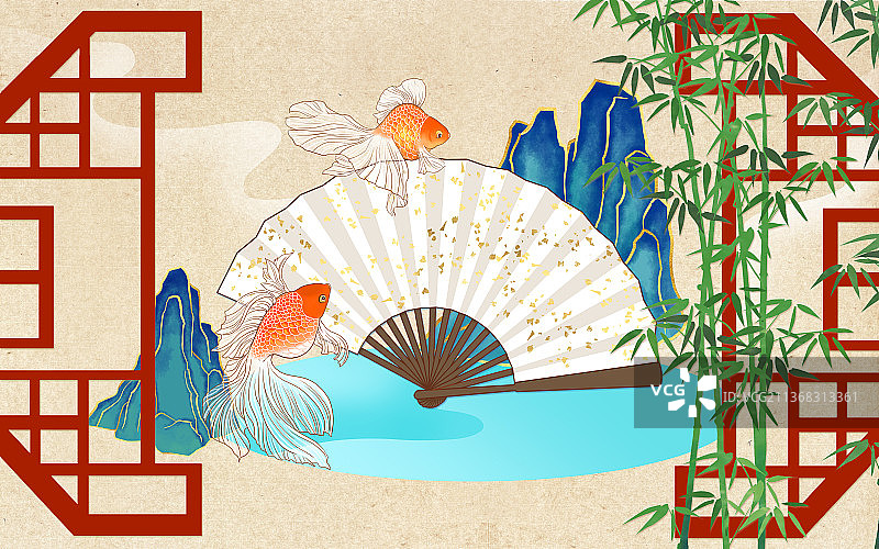 花窗折扇山鱼图图片素材