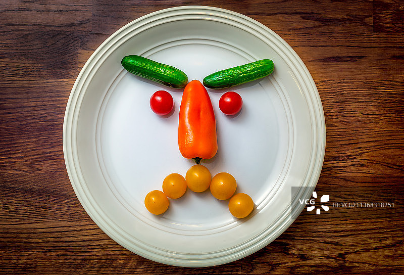 愤怒的蔬菜，在桌子上盘子里蔬菜的直接上方拍摄，德国凯泽斯劳滕图片素材