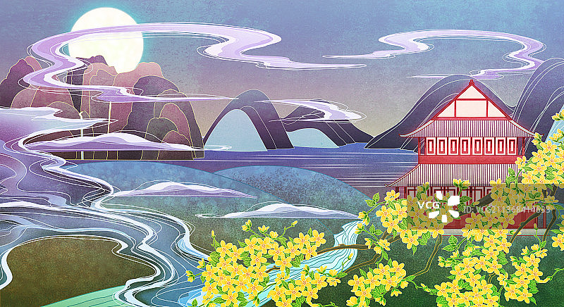 新中式国潮现代复古风楼阁月亮山水云雾桂树图片素材