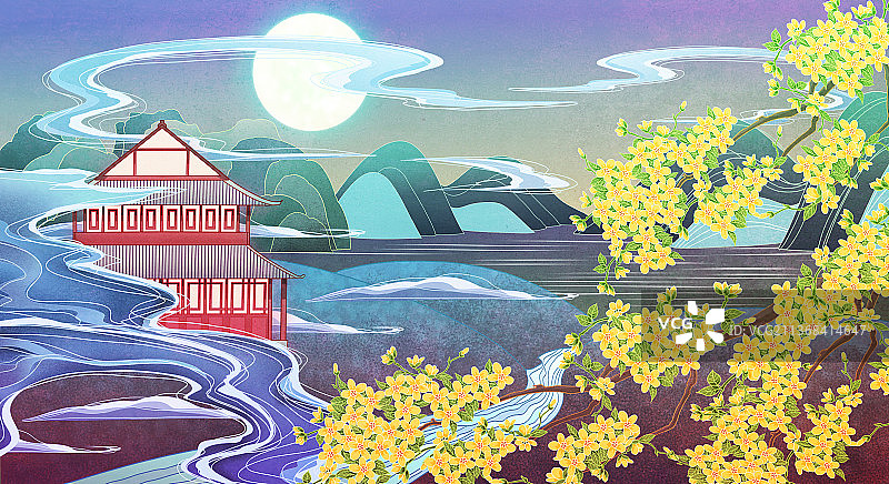 新中式国潮现代复古风楼阁月亮山水云雾桂树图片素材