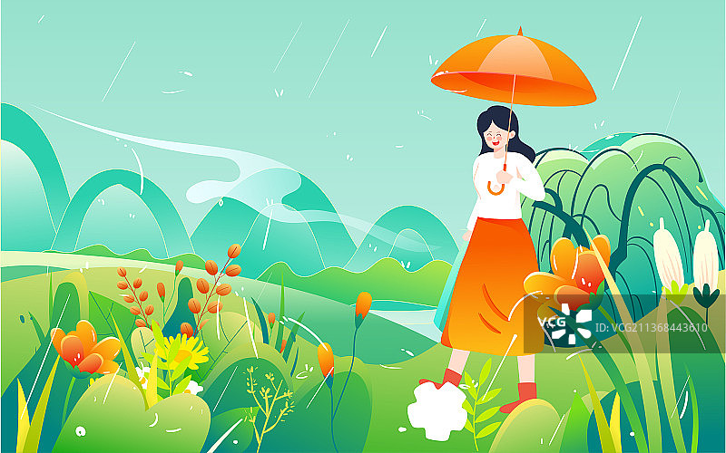 谷雨节气插画春天人物下雨打伞风景活动海报图片素材