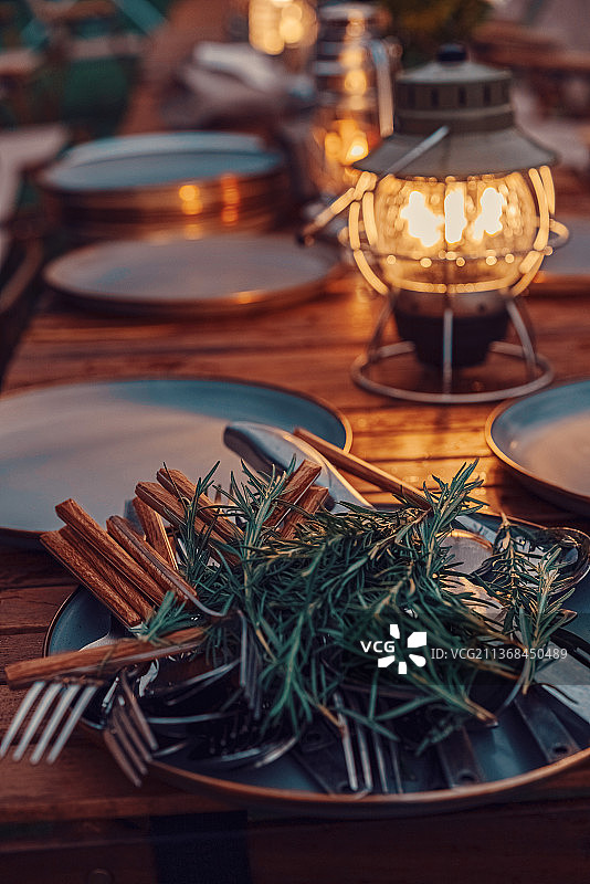 有香草的夏夜户外露营聚餐图片素材
