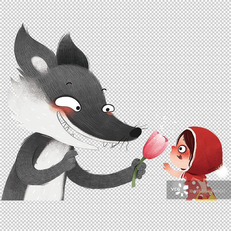 可爱的小女孩和大灰狼送花图片素材